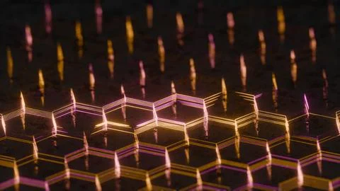 Illuminated Hexagonal Pattern with Neon Pink and Yellow Lights.. Illustrazione stock