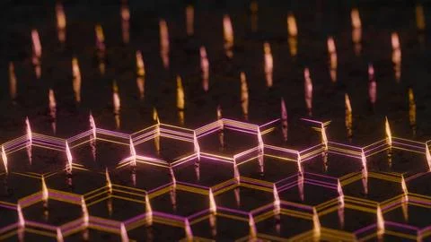 Illuminated Hexagonal Pattern with Neon Pink and Yellow Lights.. Ilustración de archivo