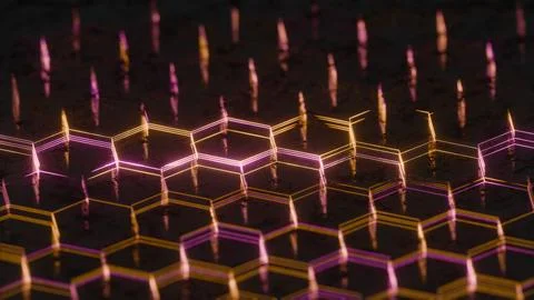 Illuminated Hexagonal Pattern with Neon Pink and Yellow Lights.. 스톡 일러스트