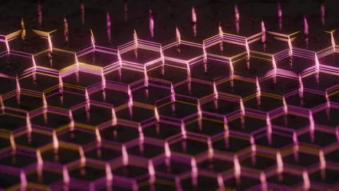 Illuminated Hexagonal Pattern with Neon Pink and Yellow Lights.. Stockillustratie