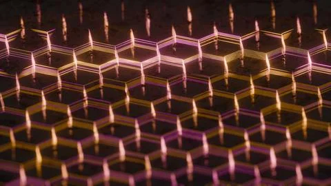 Illuminated Hexagonal Pattern with Neon Pink and Yellow Lights.. Illustrazione stock