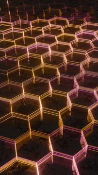 Illuminated Hexagonal Pattern with Neon Pink and Yellow Lights.. Stockillustratie