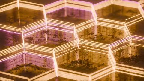 Illuminated Hexagonal Pattern with Neon Pink and Yellow Lights.. 스톡 일러스트