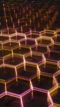 Illuminated Hexagonal Pattern with Neon Pink and Yellow Lights.. Ilustración de archivo