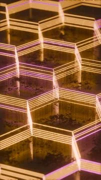 Illuminated Hexagonal Pattern with Neon Pink and Yellow Lights.. Stockillustratie