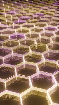 Illuminated Hexagonal Pattern with Neon Pink and Yellow Lights.. Stock Illustration