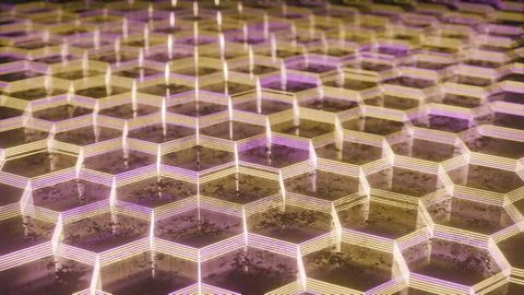 Illuminated Hexagonal Pattern with Neon Pink and Yellow Lights.. 스톡 일러스트