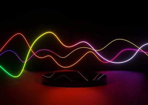 Illuminated interior with empty podium and neon glowing waves. 3d illustratio Stock Illustration