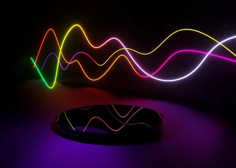 Illuminated interior with empty podium and neon glowing waves. 3d illustratio Stock Illustration