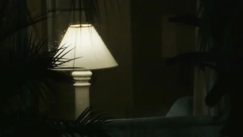 Illuminated lamp with shade inside a dark house at night Video stock 153653365