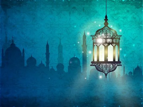 Illuminated Lantern Hang on Silhouette Mosque Blue Background and Space for.. Stock Illustration