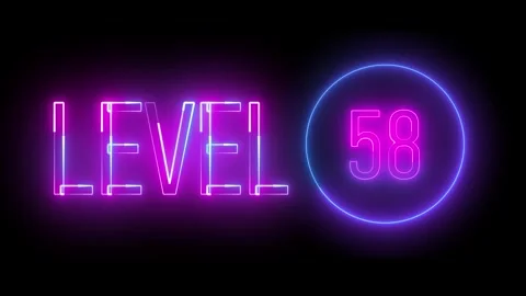 Illuminated level 58 in round neon frame. Vibrant glowing number for progre.. Video stock 309013822