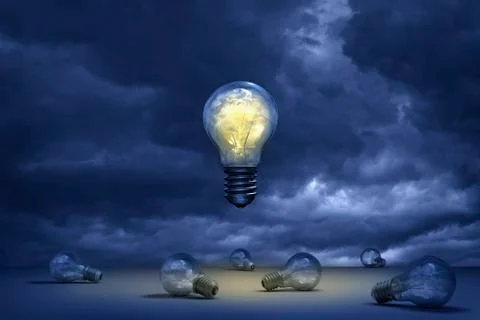 Illuminated light bulb floating over dead bulbs Stock Illustration