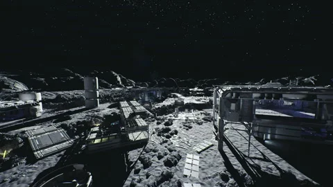 Illuminated lunar settlement featuring structured modules and life systems Stock Footage 341559193