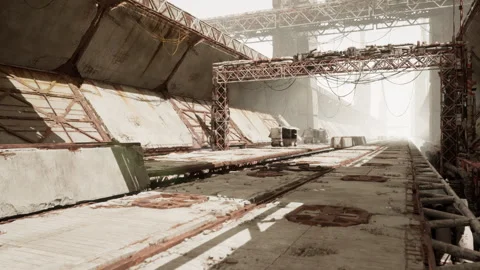 Illuminated maintenance path within industrial hangar showing corrosion Stock Footage 327706387