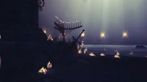 Illuminated menorah casting gentle light onto rugged stone surface Stock Footage 340666372