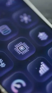 Illuminated microprocessor icon sits on a modern purple smartphone interface Stock Photos