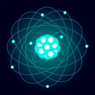 Illuminated model of an oxygen atom on a dark background. Vector Stock Illustration