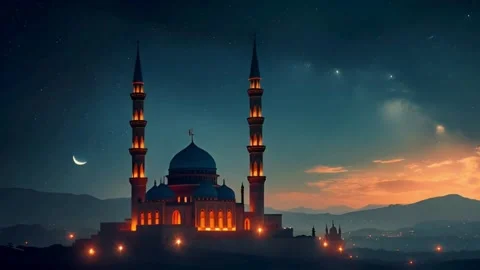 Illuminated Mosque casting a peaceful glow under a serene night sky with a cresc Stock Footage 313855632