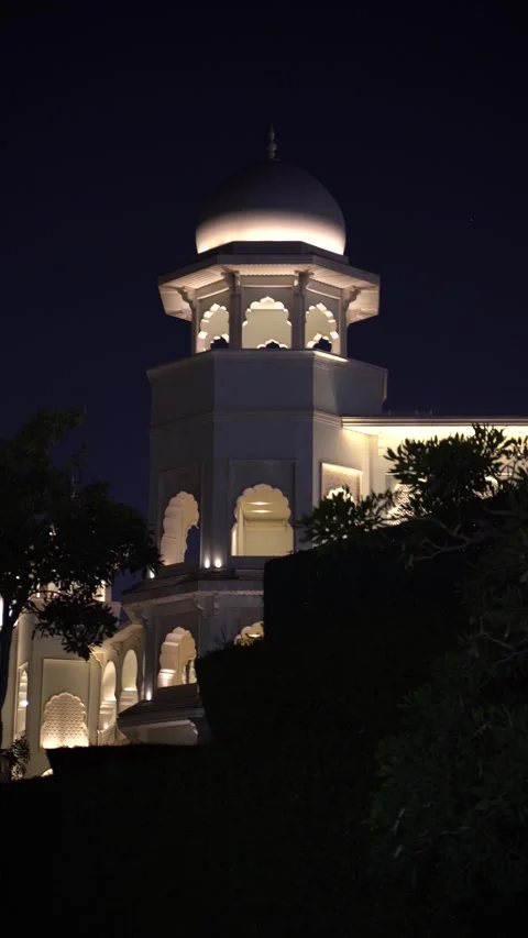 Illuminated Mosque Minaret at Night, Doha, Qatar Stock Footage 337580921