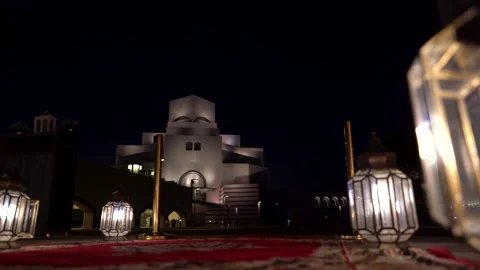 Illuminated Museum of Islamic Art in Doha with Traditional Lanterns Stock Footage 336923489