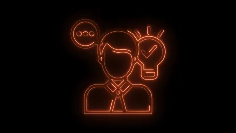 Illuminated neon man with speech bubble symbol and checkmark idea lightbulb Stock Footage 309912519