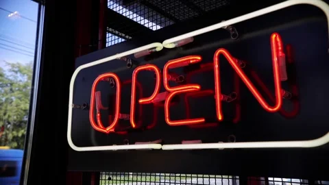 Illuminated neon open sign store front shop business window Stock Footage 281248078