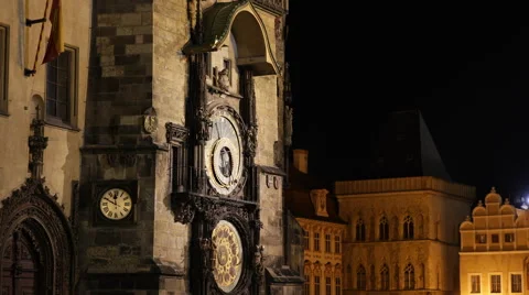 Illuminated Night Astronomical Clock Watch Old Town Hall Prague Symbol Landmarks Stock Footage 42791025