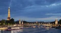 Illuminated Night Iconic Eiffel Tower Paris Tourists Visiting Boats Seine River HD Footage