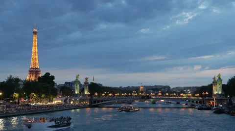 Illuminated Night Paris Skyline Eiffel Tower Alexander III Bridge Pont Dusk Stock Footage