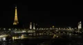 Illuminated Night World Famous Eiffel Tower Paris Cityscape Boat Passing Seine HD Footage