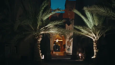 Illuminated palm trees and Moroccan archway entrance at night Stock Footage 337912590
