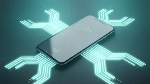 Illuminated PCB traces depict advanced network concepts. Glowing smartphone with Stock Footage 330039552
