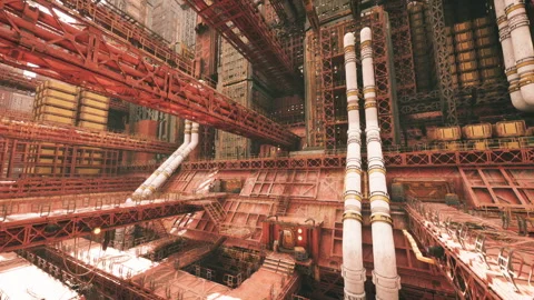 Illuminated pipeline weaves through aged industrial buildings Stock Footage 329762478