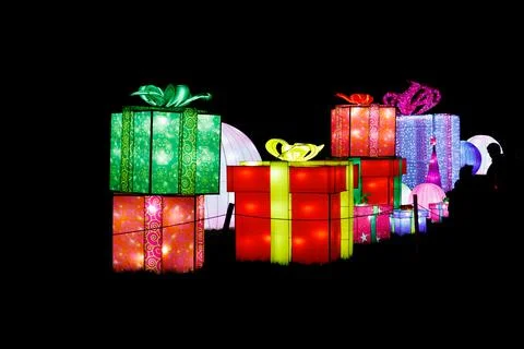 Illuminated present boxes at Lightopia in Crystal Palace park, London Stock Photos
