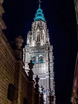 The illuminated Primate Cathedral of Saint Mary in Toledo at night, Spain Stock Photos