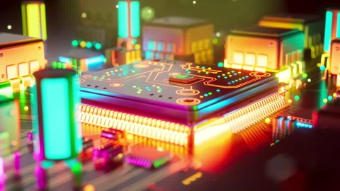 Illuminated processor with futuristic cyber circuits Stock Footage 336447387