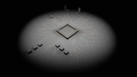 Illuminated processor. Golden glow and data dynamics. Stock Footage 304108948