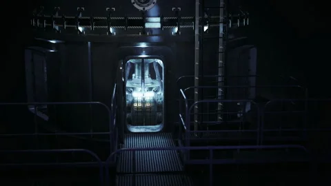 Illuminated reactor chamber featuring luminous piping systems Stock Footage 342438408