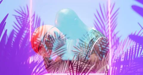 Illuminated rectangle and plants over bald african american player holding Foto stock
