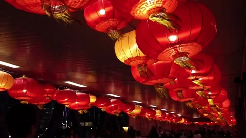 Illuminated Red Lantern at Lunar New Year at Night, Hong Kong Stock Footage 263813599