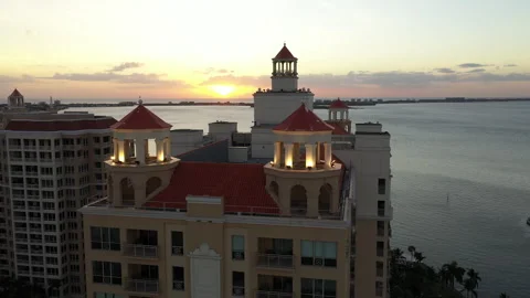 Illuminated Red-tiled Turrets Of Ritz Carlton Hotel In Sarasota, Florida At Stock Footage 312869049