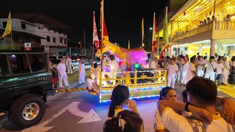 Illuminated Religious Float Procession During Nine Emperor Gods Festival Stock Footage 347895243