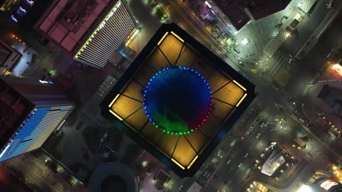 Illuminated rooftop of city skyscraper with laser beam. Guangzhou Wanbo Center. Stock-Footage 340644288