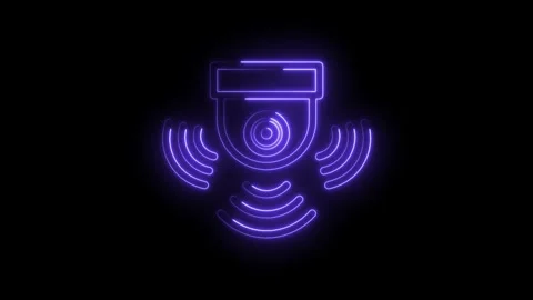 Illuminated security camera concept with detection in neon purple glowing design Stock Footage 330785107
