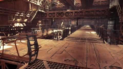 Illuminated service corridor featuring metal grates and pipes Stock Footage 340658102