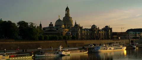 Illuminated skyline of Dresden in the evening (RED 5K ws 21:9) Stock Footage 80904698