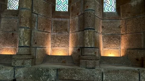 Illuminated Stone Columns Inside Historic French Abbey Stock Footage 334157116