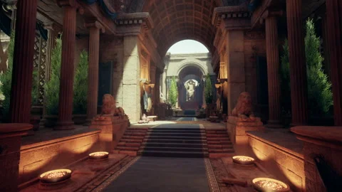 Illuminated stone corridor unfolds into vibrant and lush outdoor square Stock Footage 331531479