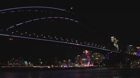 Illuminated Sydney Harbour bridge arch at Vivid Sydney light show festival. Stock Footage 312901733